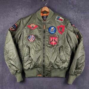 Top Gun Mens MA-1 Bomber Flight Jacket Mens Large Olive Green Patches